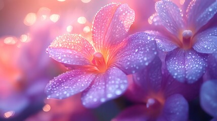 Close up of beautiful purple orchid flowers with water droplets showing freshness and purity