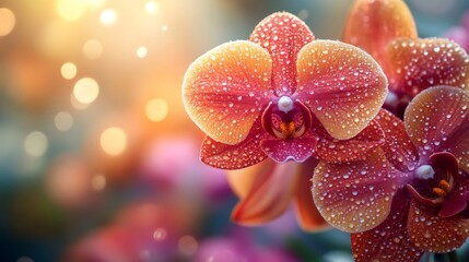 Close up of beautiful blooming orange orchid flowers with water drops in a garden