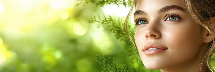 Fototapeta premium Promotional flyer layout showcasing a young woman with natural beauty in a vibrant outdoor setting