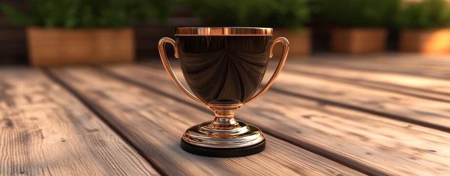 A dark background sets off the sleek black trophy, representing accomplishment and triumph
