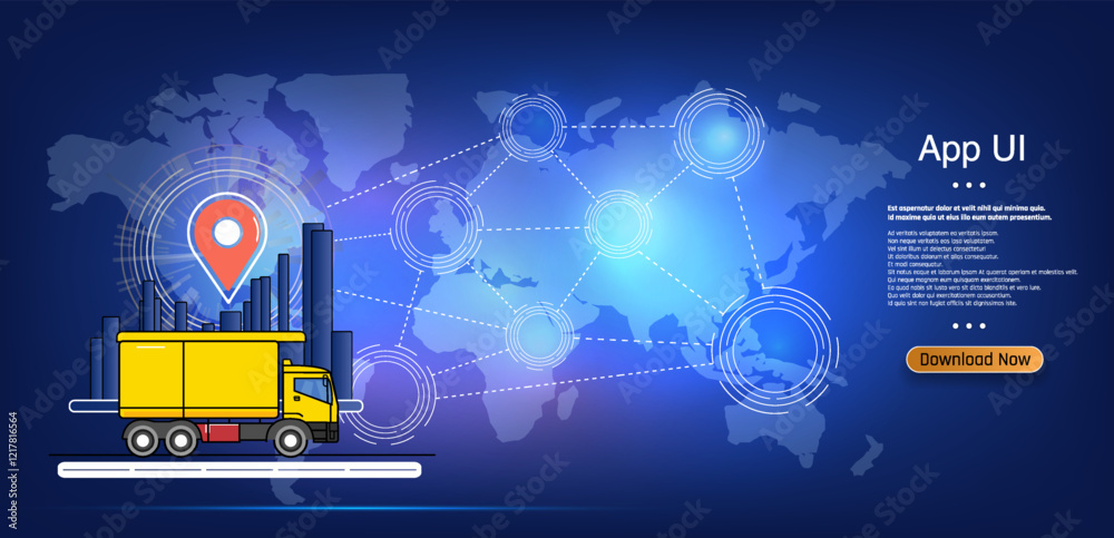 Poster delivery truck navigating a global map with app user interface elements displayed prominently.