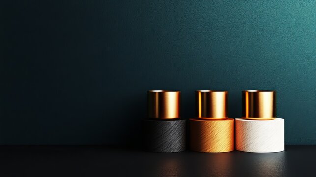 On the podium, gold, silver, and bronze trophies await the winners