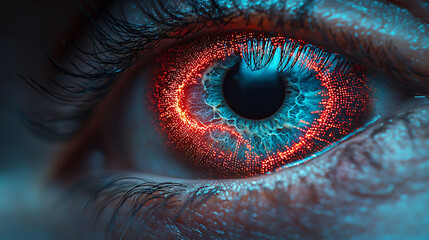 Closeup of a vibrant human eye, digitally enhanced with glowing red and blue particles.