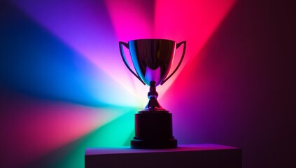 A vibrant, multi-hued trophy perches on a dark base with a white backdrop. Its iridescent sheen represents achievement and success