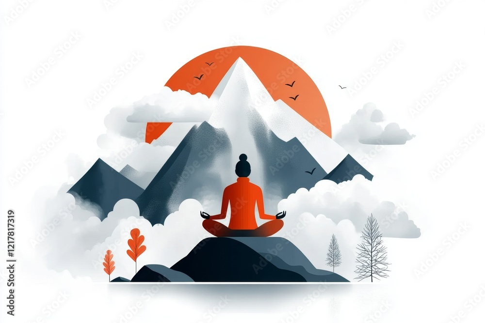 Poster a flat 2d illustration of a person meditating on a mountaintop, surrounded by soft clouds on a clean