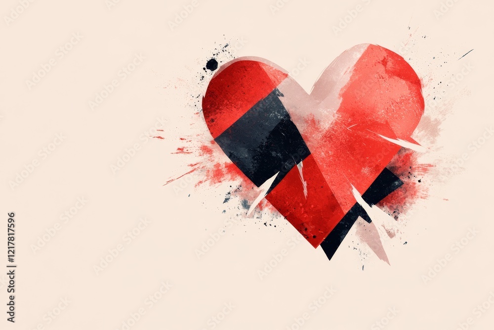 Poster A flat design of a broken heart with sharp, angular cracks and bold red and black tones against a neutral background