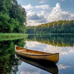 Obraz premium A serene canoe rests gently on a calm lake surrounded by lush green forests. The sky is bright with clouds. This peaceful scene invites relaxation and adventure. AI