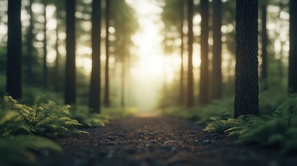 Obraz premium A serene forest scene with tall trees and soft light filtering through, creating a peaceful atmosphere along a path.