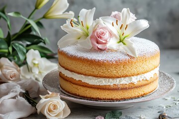 Vanilla sponge cake on a table with white lilies and light pink roses as accents