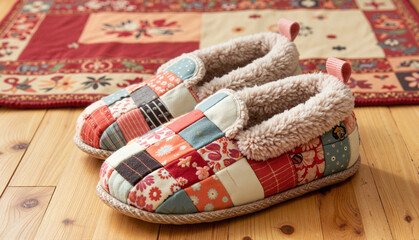 Cozy patchwork slippers on wooden floor