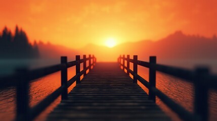 Obraz premium A serene sunset over a lake, with a wooden pier extending into the water, surrounded by silhouettes of trees and mountains.