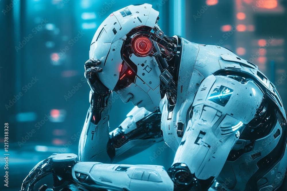 Poster a futuristic scene of a robot sitting alone in a dimly lit lab, holding a broken piece of technology