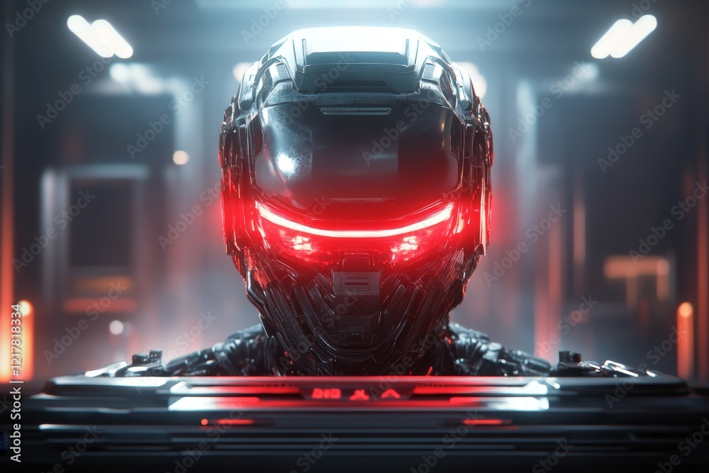 Poster A futuristic scene of a person hiding behind a high-tech console in a darkened room, as glowing red robotic eyes scan the area ominously