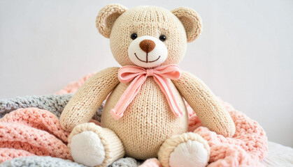 Fototapeta premium Knitted teddy bear with pink ribbon against soft blankets