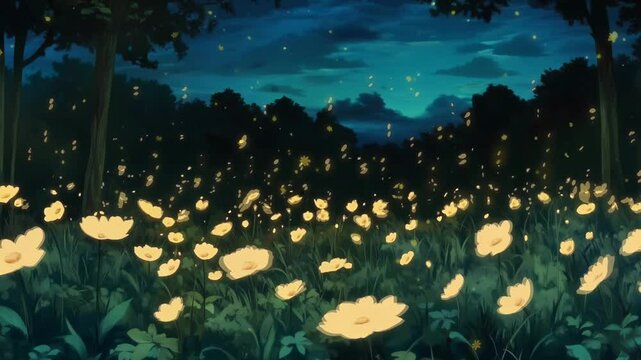 Spring Field Floating Flowers and Petals under a Moving Night Sky. Anime Style Cartoon Looping. Animated Background / Wallpaper. VJ / Vtuber / Streamer Backdrop. Seamless Loop.
