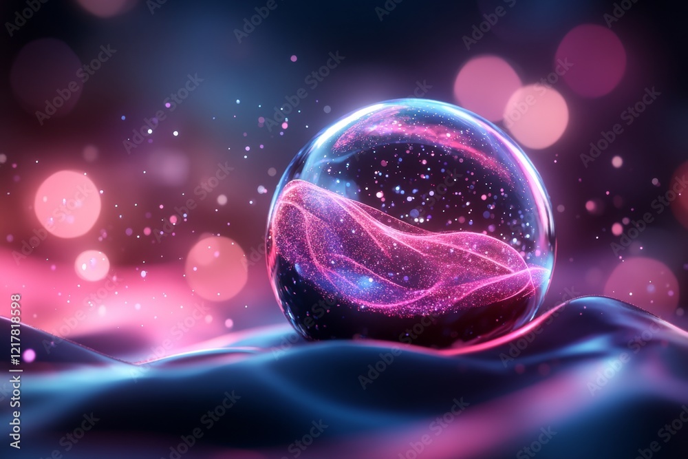 Poster a glowing 3d orb suspended in a tranquil digital space, surrounded by gentle waves of light and soot