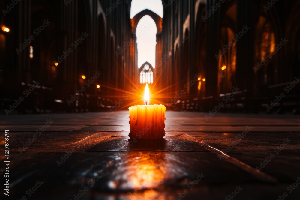 Poster a gothic depiction of a single lit candle in a dark cathedral, its light illuminating the intricate 
