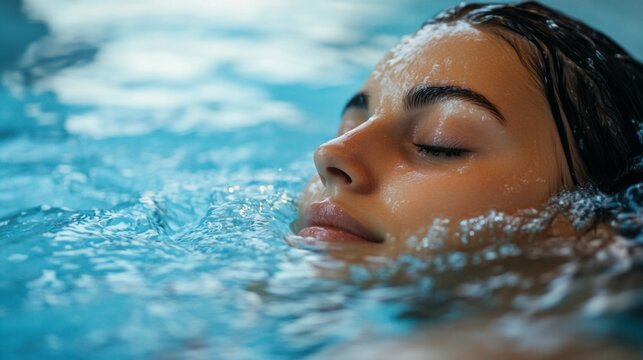 A peaceful moment featuring a woman swimming with her eyes gently closed, immersed in clear blue water, evoking a calming and tranquil atmosphere.
