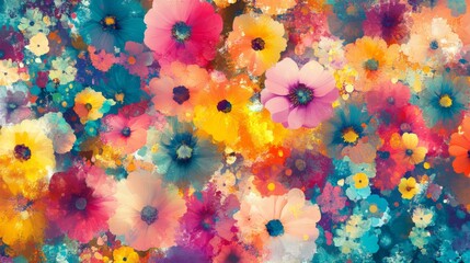 A vibrant floral explosion, showcasing a vivid array of colorful flowers blooming in a harmonious blend, full of life and visual delight in a painterly style.