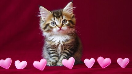 Fluffy kitten with pink hearts surrounding it placed on a deep red background ideal for Valentines Day