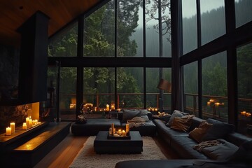 An inviting living room with plush sofas, large windows showing a forest view, and a multitude of candles providing a warm and cozy atmosphere during a rainy day.