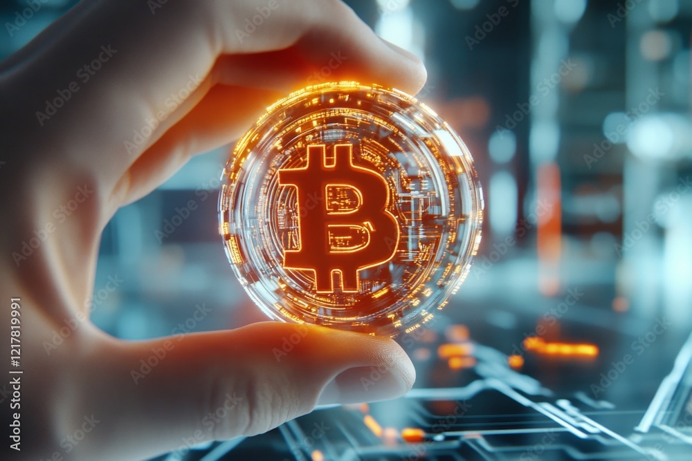 Aufkleber A hyper-realistic close-up of a glowing bitcoin in a person hand, with the background showing a blurred financial trading floor