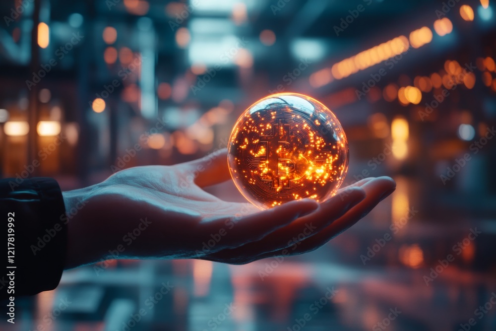 Aufkleber a hyper-realistic close-up of a glowing bitcoin in a person hand, with the background showing a blur