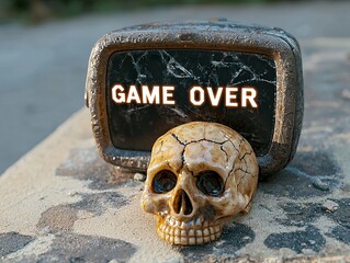 A cracked skull lies beside a vintage television showing 'GAME OVER', creating a hauntingly nostalgic atmosphere.