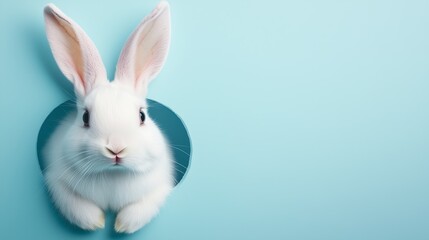 Obraz premium A fluffy white rabbit with long ears is curiously poking its head through a circular hole. The background is a soothing blue color, creating a whimsical and playful atmosphere with space for text.