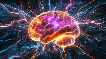 Obraz premium An artistic interpretation of a brain, illuminated by vibrant electric currents and lines, evoking thoughts on innovation and imagination, set in a futuristic style.