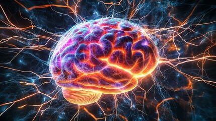 A vivid image showcases a brain, intertwined with electric currents and neural energy, symbolizing intelligence and creativity in a captivating, abstract style.
