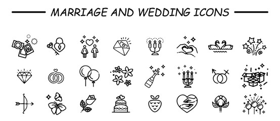 Set of outline wedding icons. Minimalist thin linear web icons bundle. vector illustration.