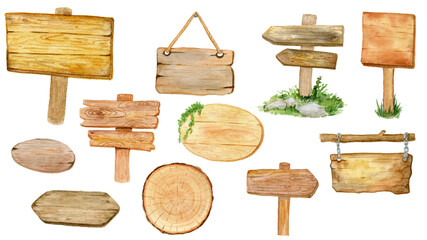 Set of Watercolor Wooden Signs Clipart for Rustic and Natural Design. A collection of watercolor wooden signs in various shapes, including arrows, plaques, and hanging boards. Perfect for rustic-theme