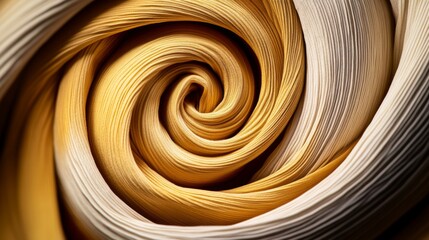An artistic close-up of swirling golden fabric creating a mesmerizing spiral pattern, illustrating movement and fluidity through its elegant, detailed pleats.