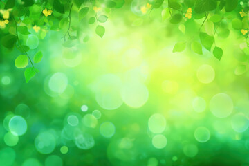 Abstract blurred green spring nature background with bokeh lights for banner, mockup, or wallpaper design. Ecological poster. Along the edges of the image is a frame of young grass and delicate leaves