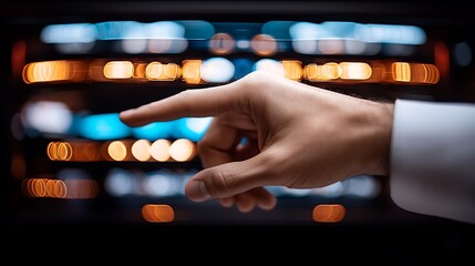 Hand interacting with digital interface, server room background, technology concept