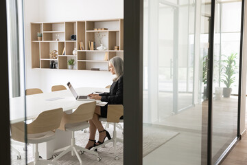 In modern spacious conference room middle-aged 55s businesswoman using laptop, lead correspondence to client, chatting with colleague, e-mailing, looking focused and productive. Business, workflow