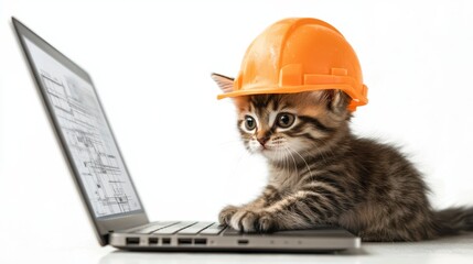 A cute kitten wearing an orange hard hat sits in front of a laptop, appearing to work on an unseen project.