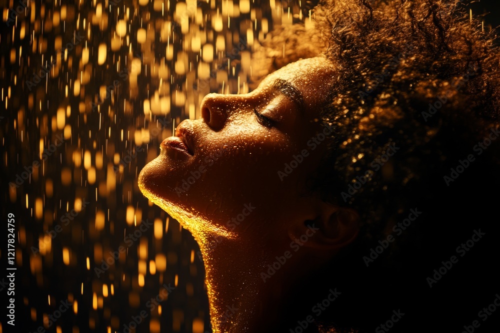 Poster a person standing in the rain without an umbrella, looking up at the sky with water streaming down t