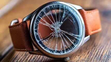 A close-up of a damaged wristwatch with a cracked glass face and a brown leather strap.