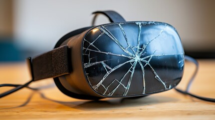 A close-up of a shattered virtual reality headset lying on a wooden table.
