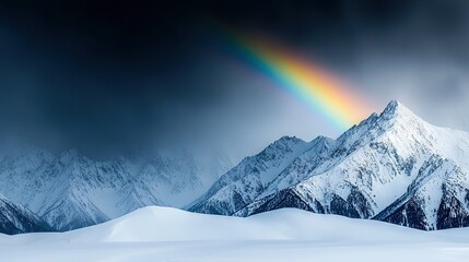   A rainbow shines over a snow-covered mountain range, its colors illuminating the sky in the distance