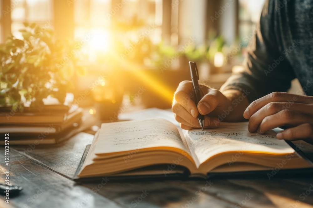Poster a person writing in a journal, with an inspirational quote written on the open page and a soft beam 