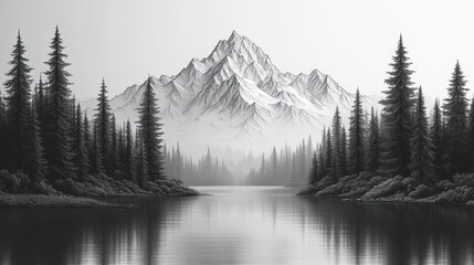Fototapeta premium Monochrome mountain lake, serene forest, misty calm, nature poster