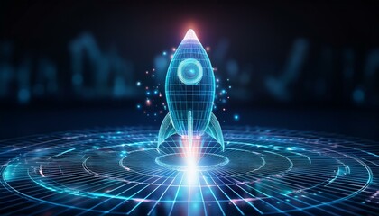 a futuristic rocket launching on a digital platform, symbolizing innovation and progress