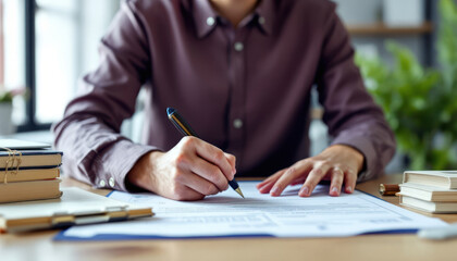 Focused Person Signing Documents at Desk