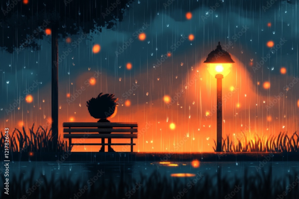 Poster A pixel art depiction of a small character sitting on a bench under a streetlight, with falling rain and a tiny puddle reflecting the soft glow of the light