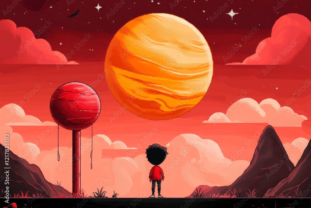 Poster A pixel art scene of a small character pacing back and forth under a pixelated moon, with a worried thought bubble floating above their head