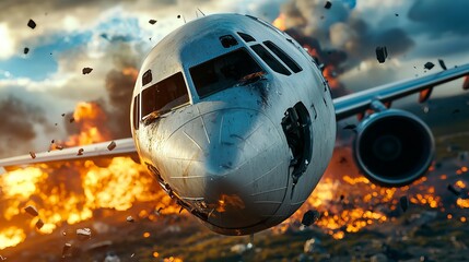 Fototapeta premium A dramatic close-up of a damaged airplane amidst an explosive scene, conveying a sense of chaos and urgency.