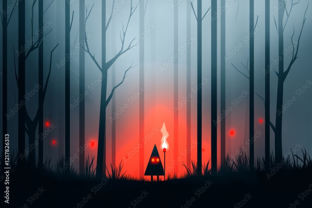 Poster a pixel art scene of a small character walking through a dark forest, their torch casting limited li
